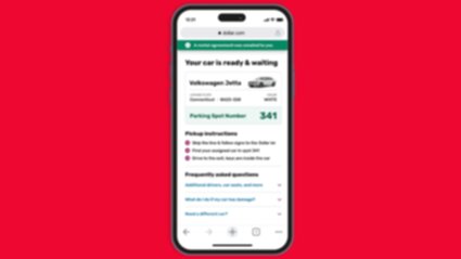 Mobile phone showing Dollar.com check-in screen with car details and parking spot information