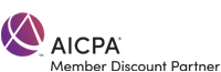 Logo of AICPA Member Discounts for car rentals with black text and a purple globe design.